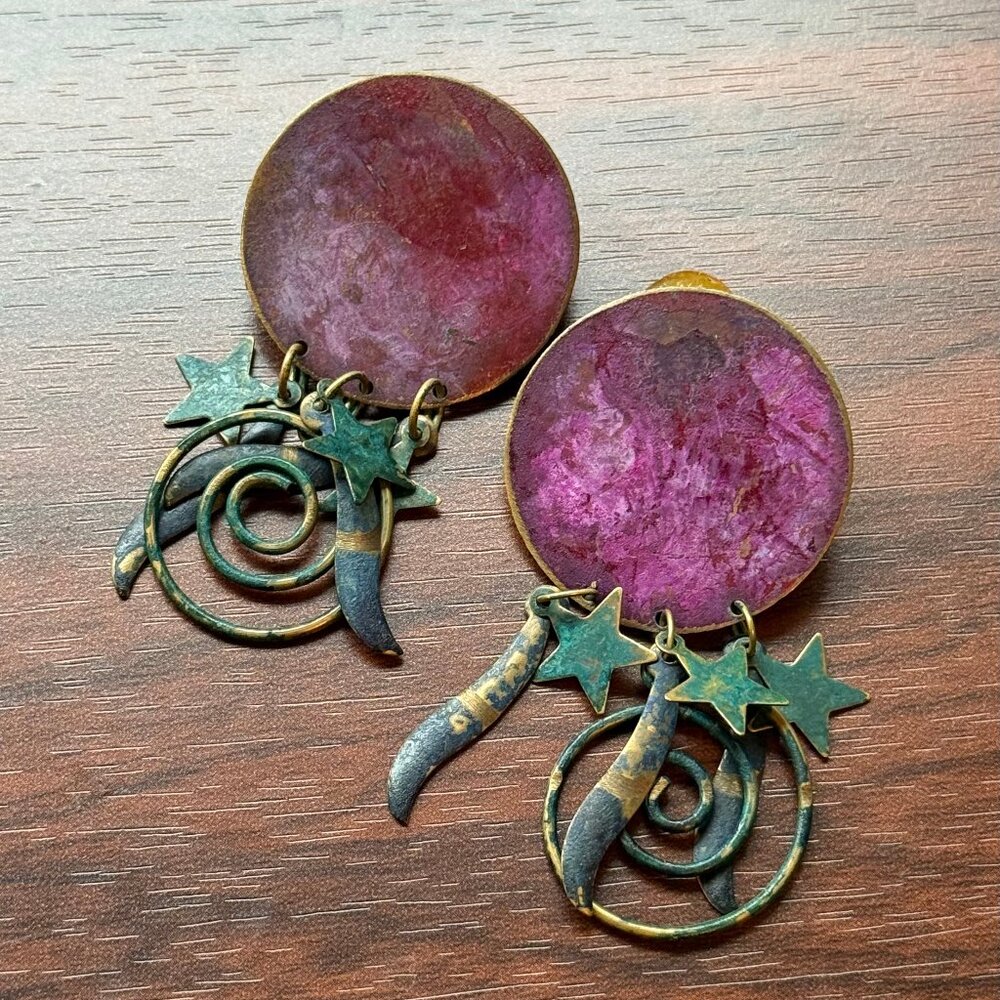 Vintage 90s Painted Purple and Teal Brass Stars Whimsigoth Earrings - Picture 2 of 3